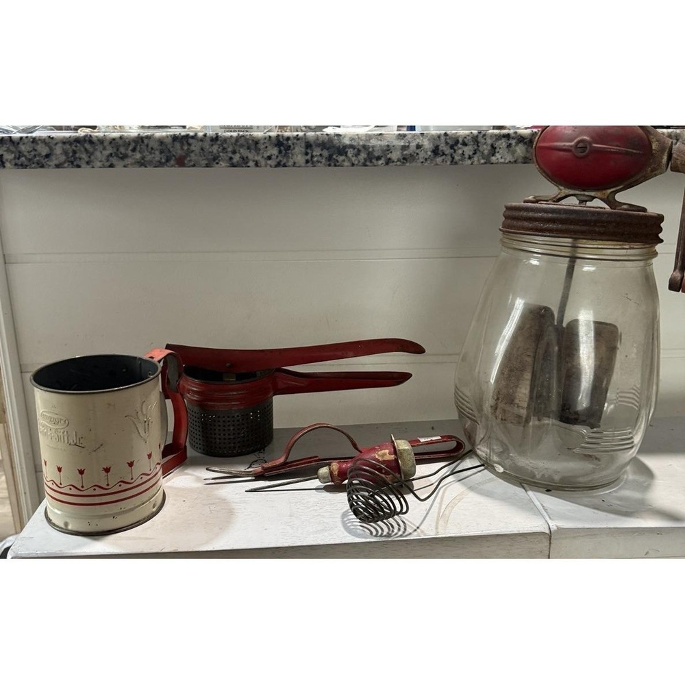 Vintage Primitive Kitchen tools Lot Dazey‎ Butter Churn Sifter Ricer Red Whisk
